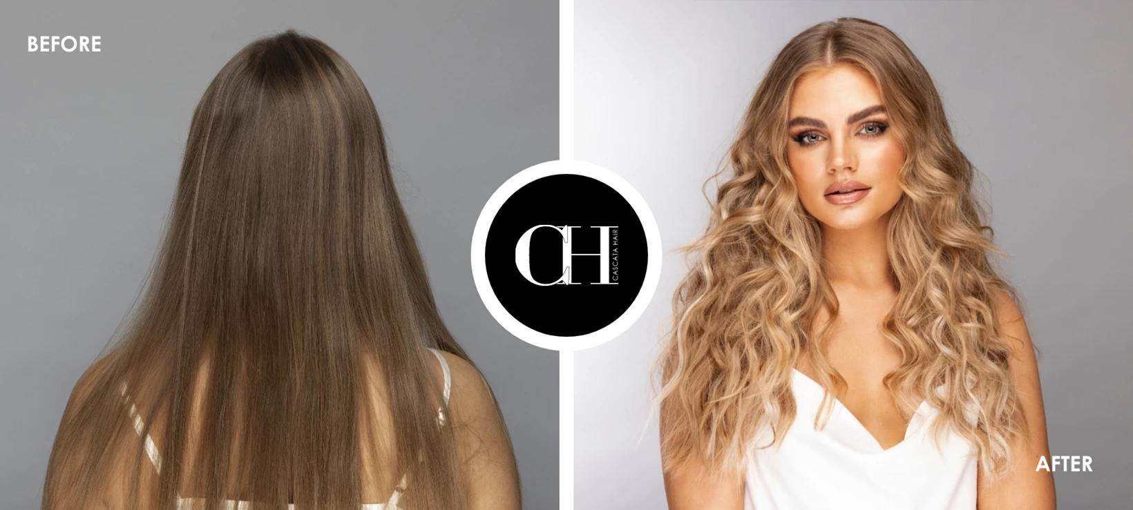 Before & After image of Cascata Hair Extensions - Blonde Hair