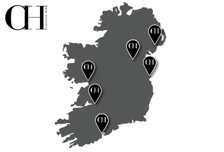 Map of Ireland with Cascata Hair Extensions Outlets marked in Black with their logo.