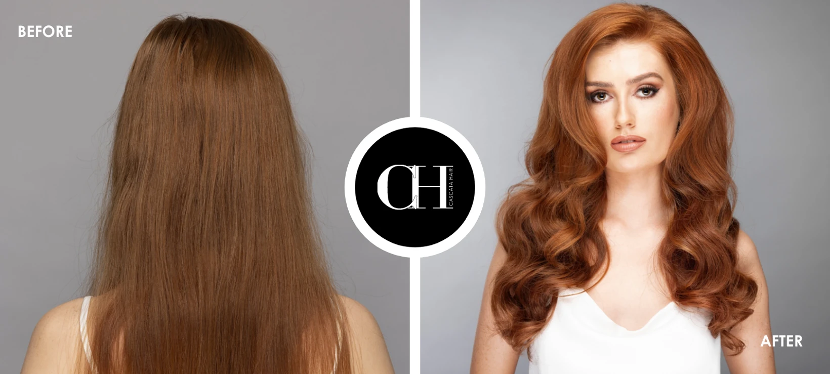 Before & After image of Cascata Hair Extensions - Copper Rose Red Hair